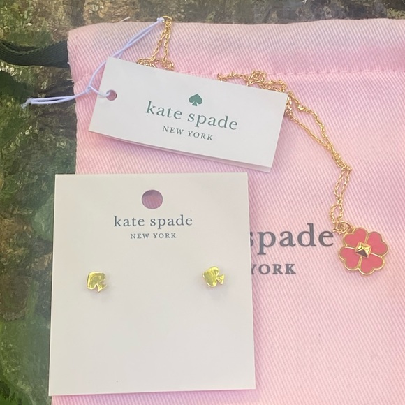 Kate Spade Coral Gold Spade Logo Necklace & Gold Logo Spade Earrings NWT